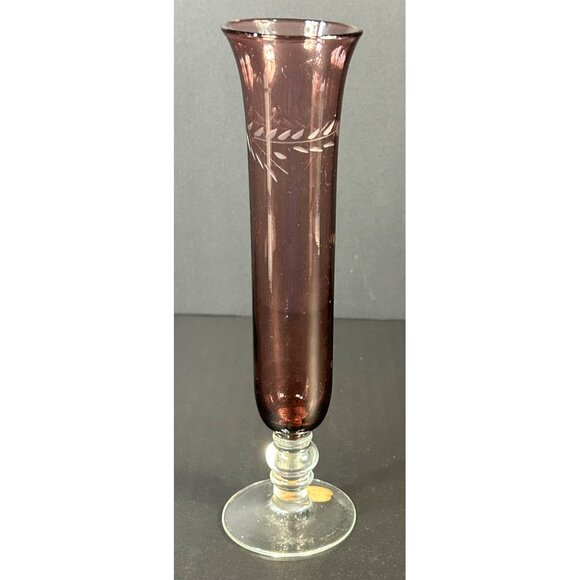Vintage Purple Amethyst Blown Glass Bud Vase 8'' Etched Cut Dot & Leaf Pattern - Picture 4 of 6